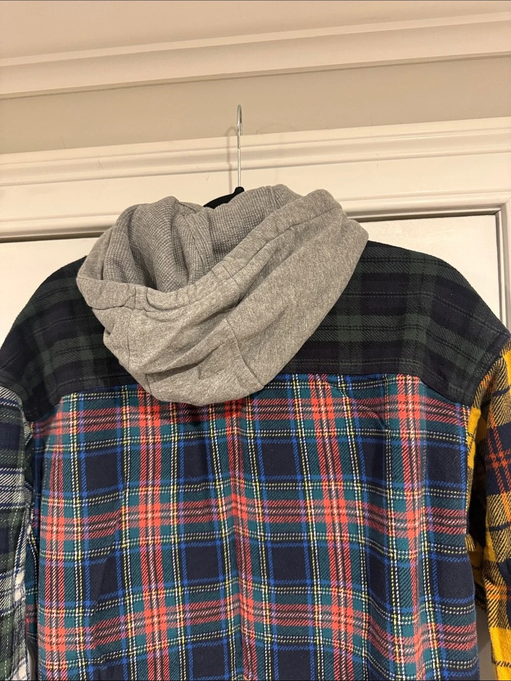 American Eagle Patchwork Plaid Hooded Flannel Shacket Shirt Jacket